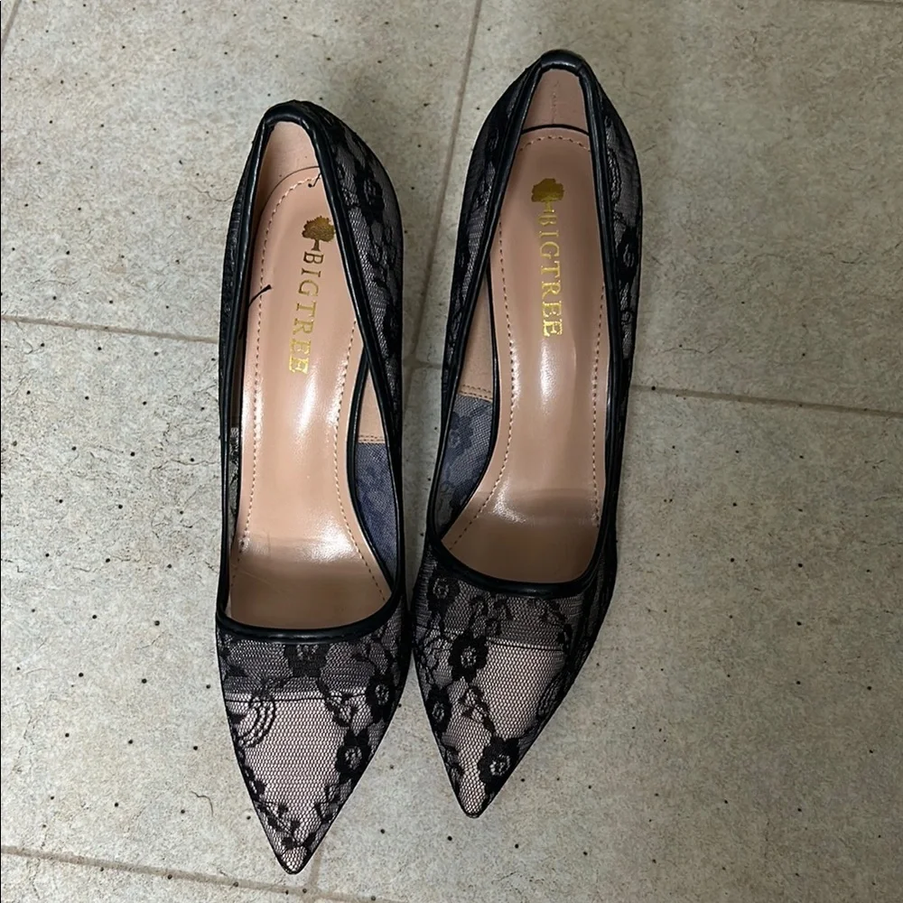 Elegant Black Lace Pointed Toe Heels - Picture 2 of 2